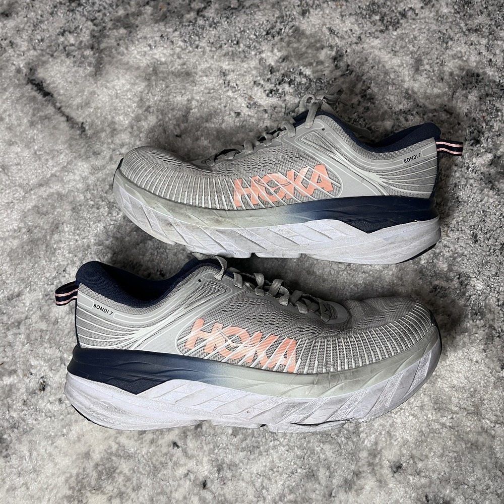 Hoka One One Women's Gray, Navy & Peach Bondi 7 Running Shoes